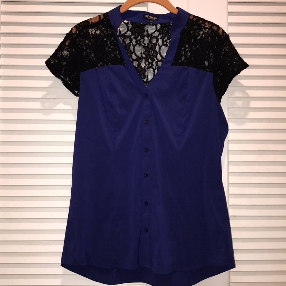 Express blue button down top with black lace M